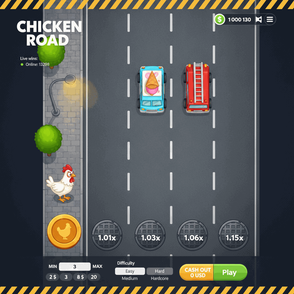 Overhead view of Chicken Road: a white cartoon chicken stands on the left pavement about to cross a dark multi-lane asphalt road. Circular manhole-cover markers in each lane display rising payout multipliers — 1.01x, 1.03x, 1.06x, and beyond. White dashed lane dividers stretch across the screen. Street lamps and green trees frame the starting position. The UI shows a live online counter and the InOut provider badge at the top.
